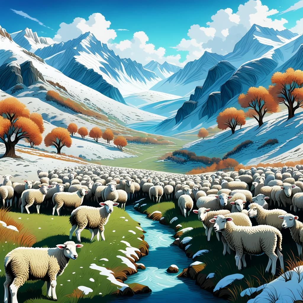 Sheep and Lambs Trek Through Snowy Mountain Valley