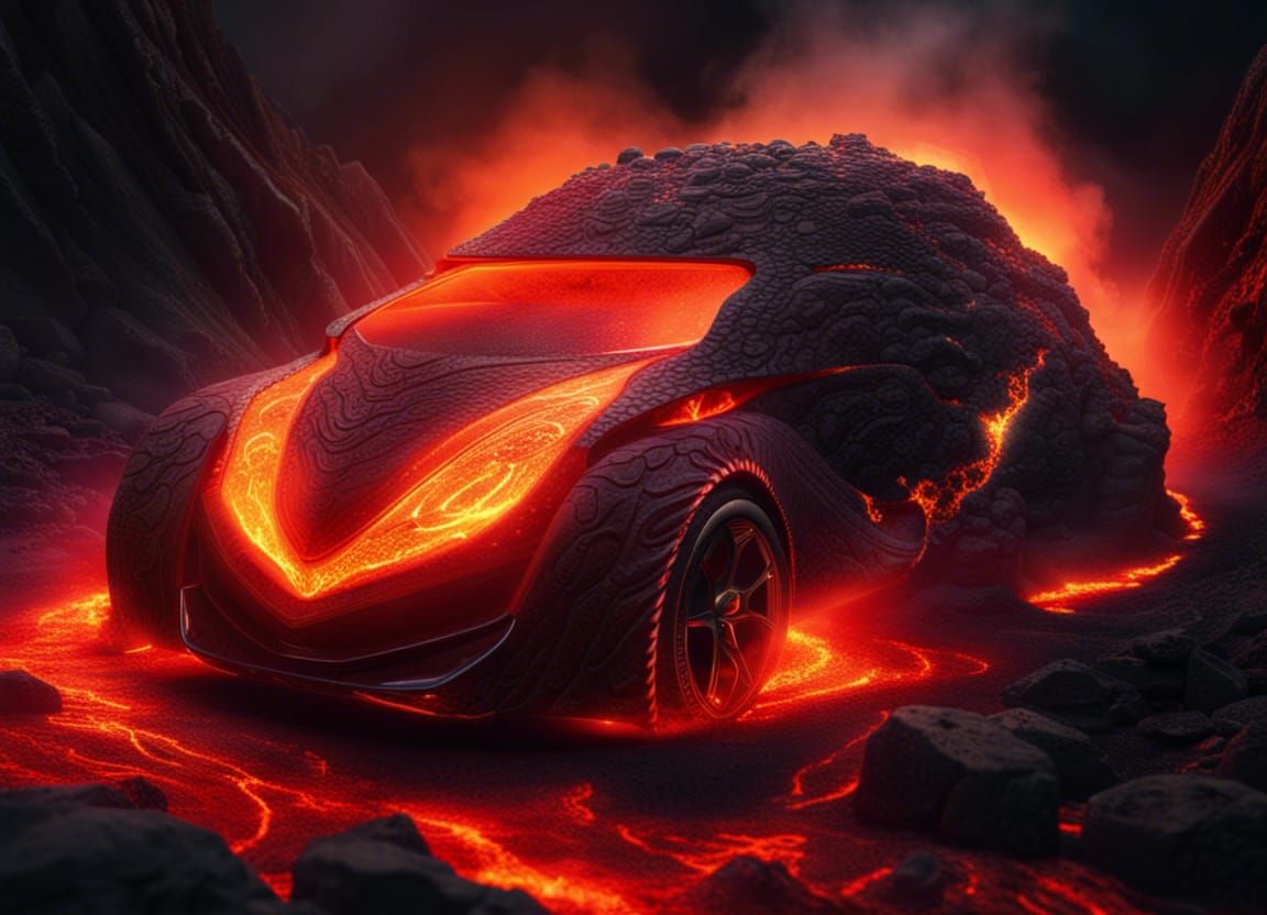 Glowing Lava Car Emerging from Volcano: Hyperrealistic Fanta...