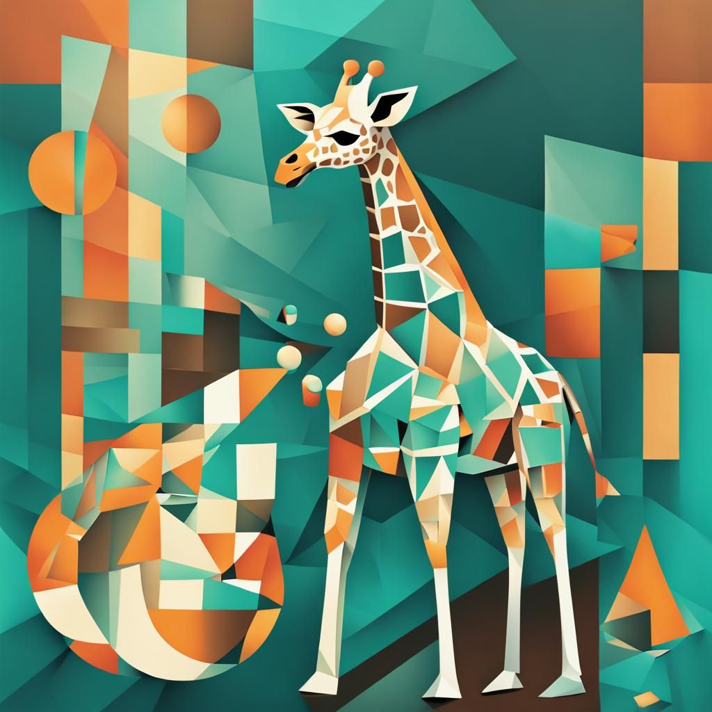 Cubist Teal Giraffe Plays Ping Pong