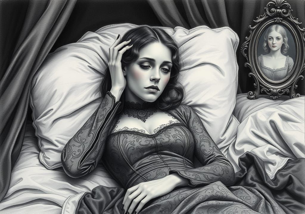 Victorian Woman in Charcoal with Melancholic Expression