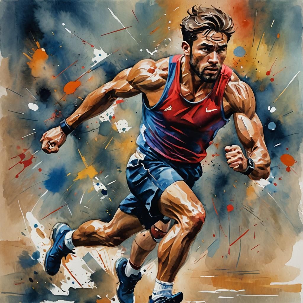 Determined Athlete in Gouache Watercolor Style