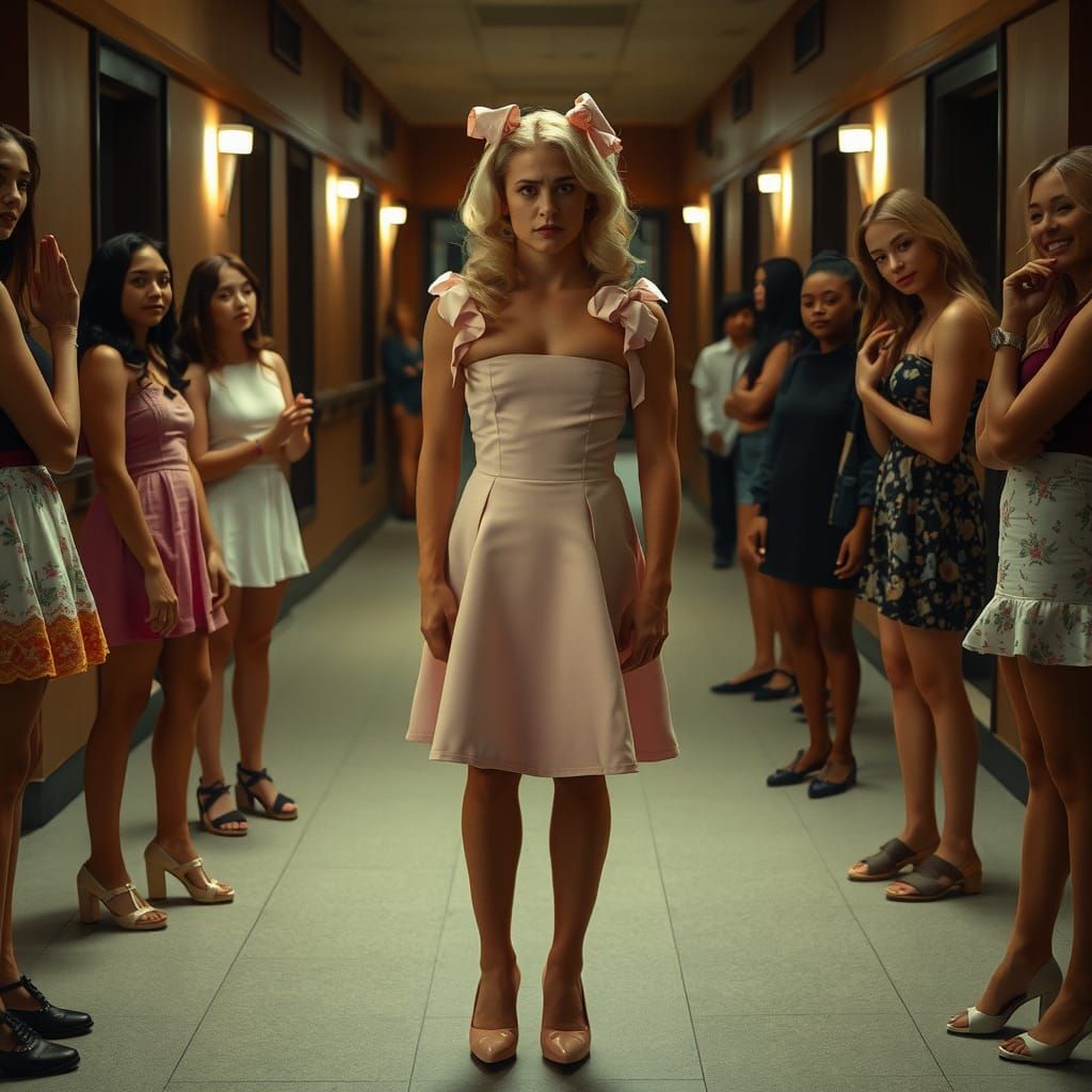 Muscular Teen Crossdresses in Pink Heels and Wig