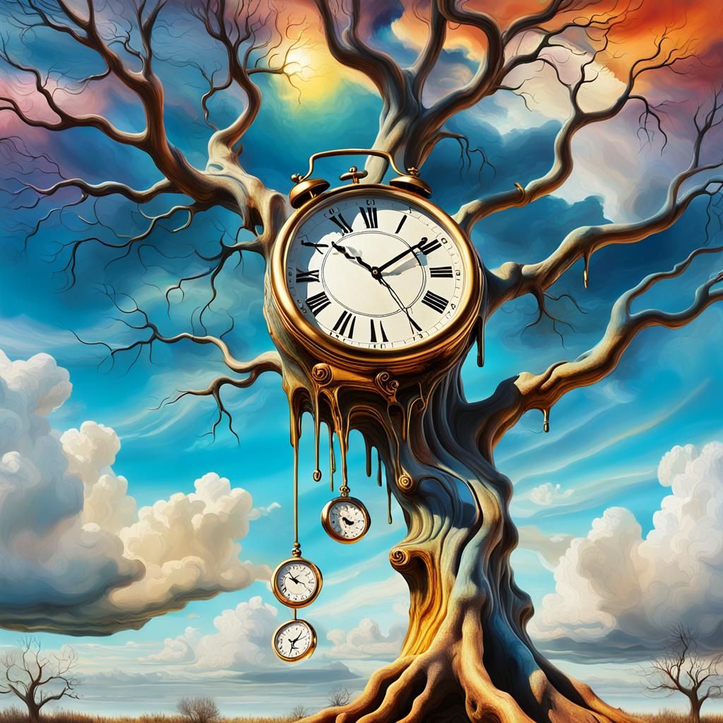 Melting Clock in Surreal Dreamscape: A Symbolic Oil Painting