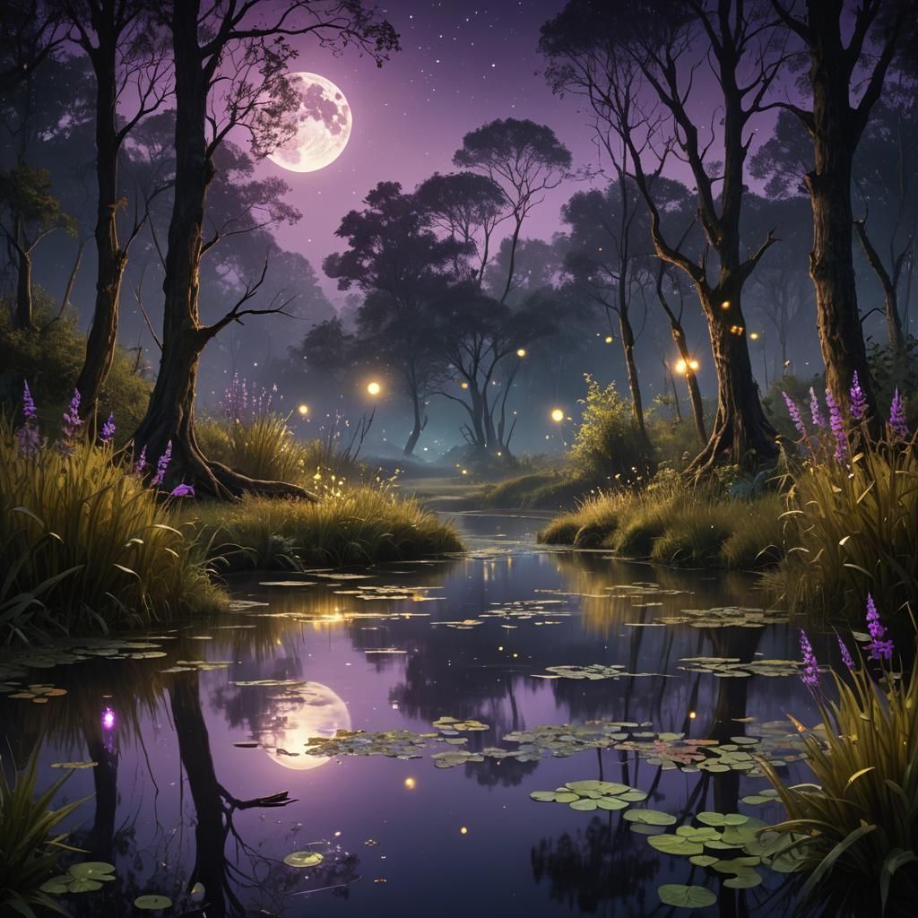 Misty Creek at Midnight in Digital Matte Painting Style