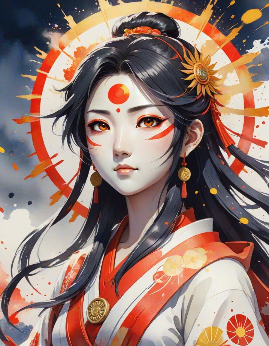 Amaterasu, Japanese Goddess of the Sun in Vibrant Anime Wate...