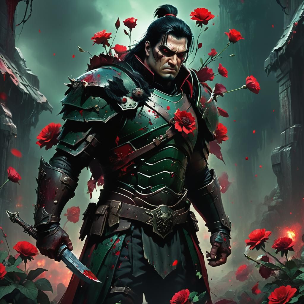 Dramatic Fantasy Art: Man with Bloody Flowers