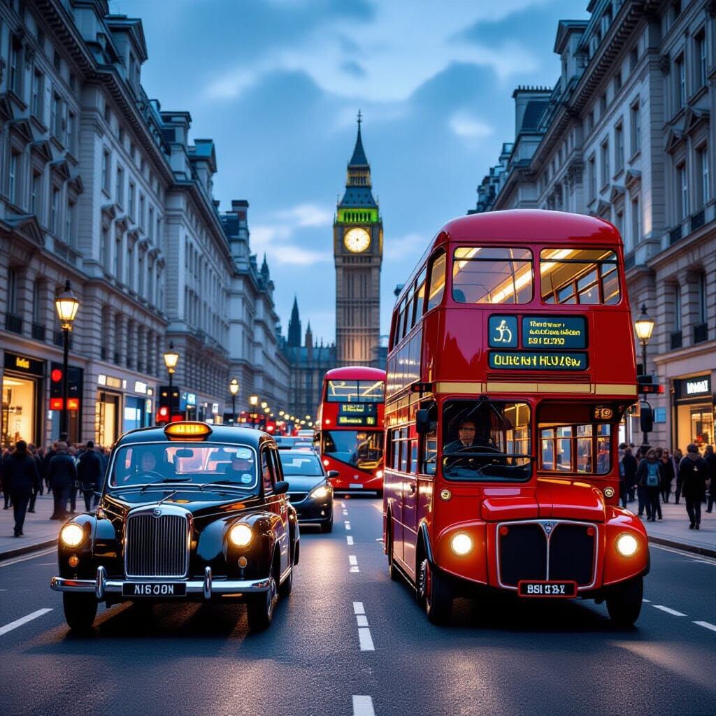London Streets: Cabs, Buses, and Electric Vehicles in Retro-...