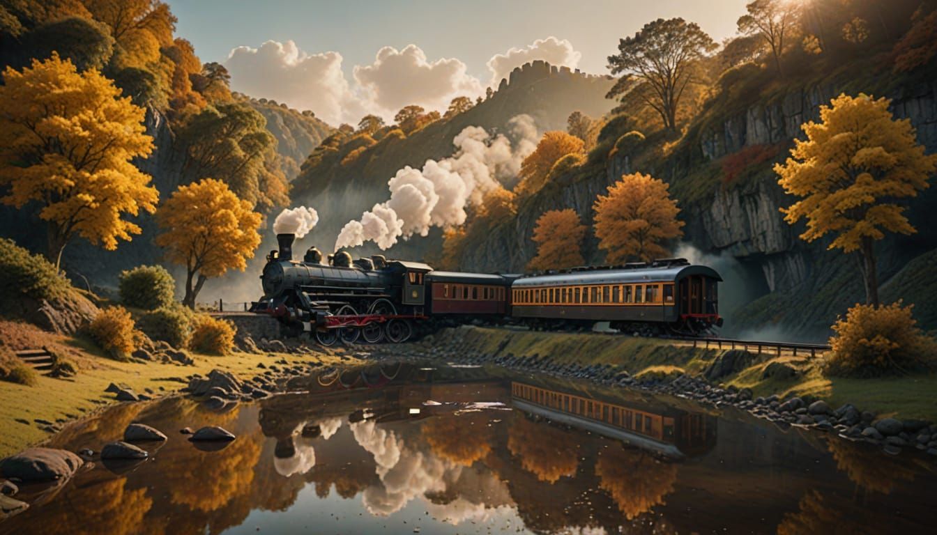 Steam Train on Stone Bridge in Autumn Sunlight