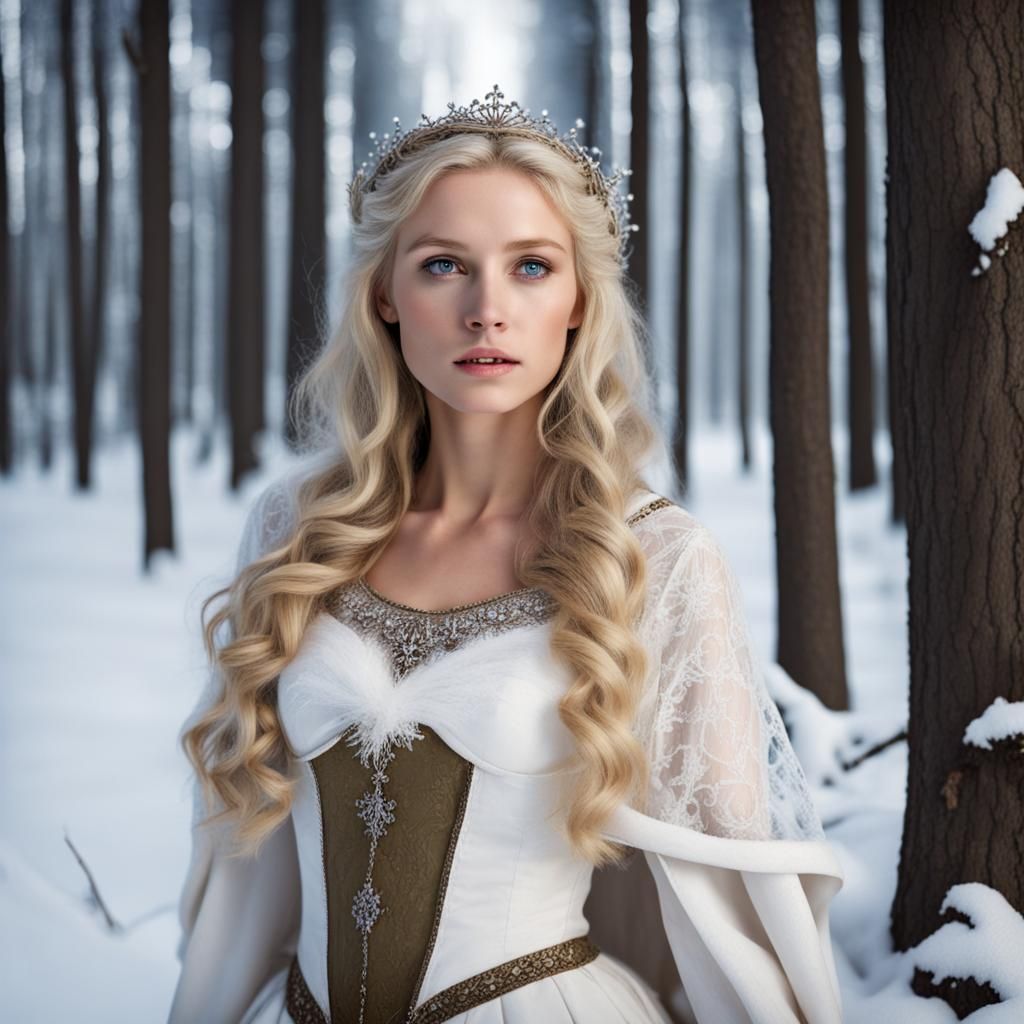 Blond Princess in Winter Forest Scene