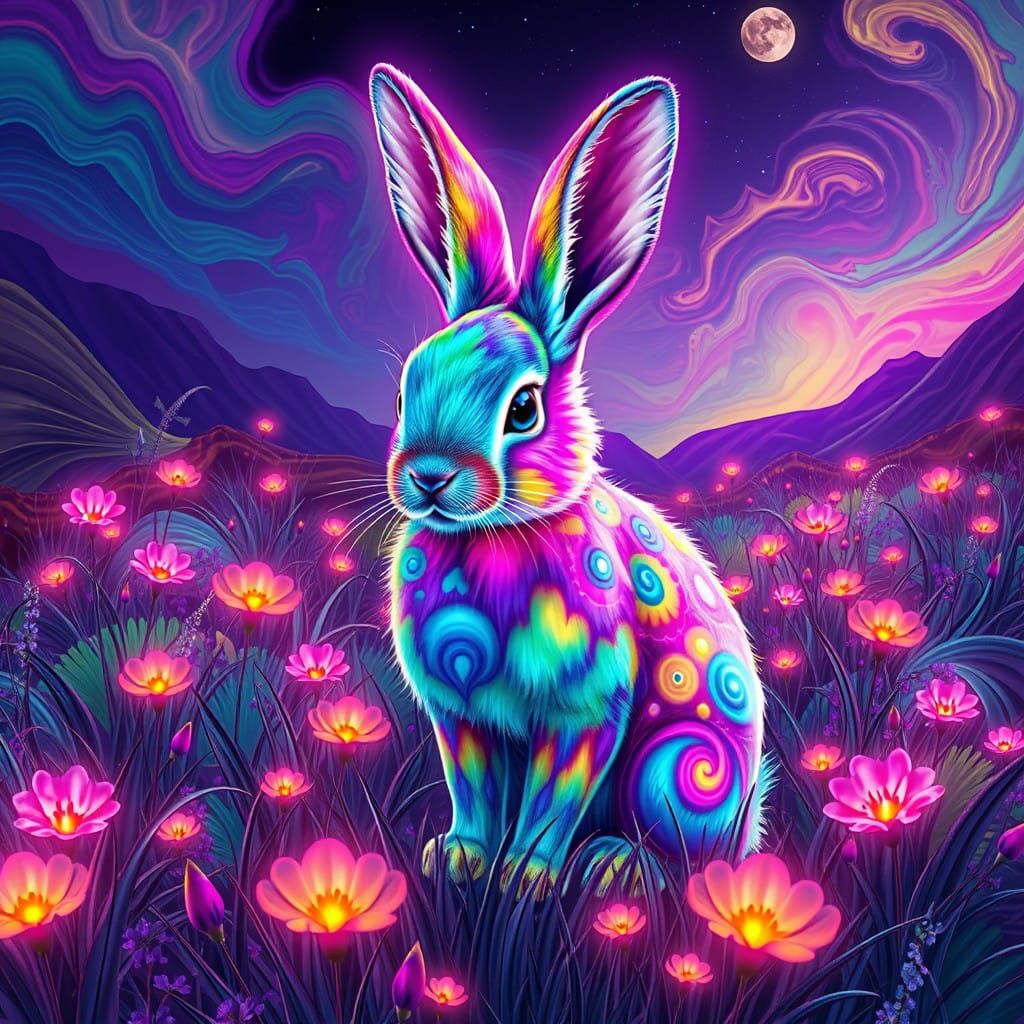 Bunny in Neon Meadow Wonderland