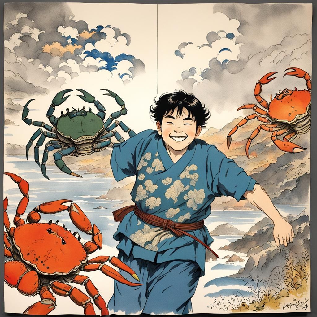 Cheerful Boy with Crab Shirt in Anime Style