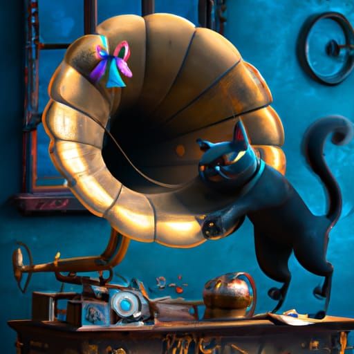 Black Cat Listens to Phonograph: Detailed Matte Painting