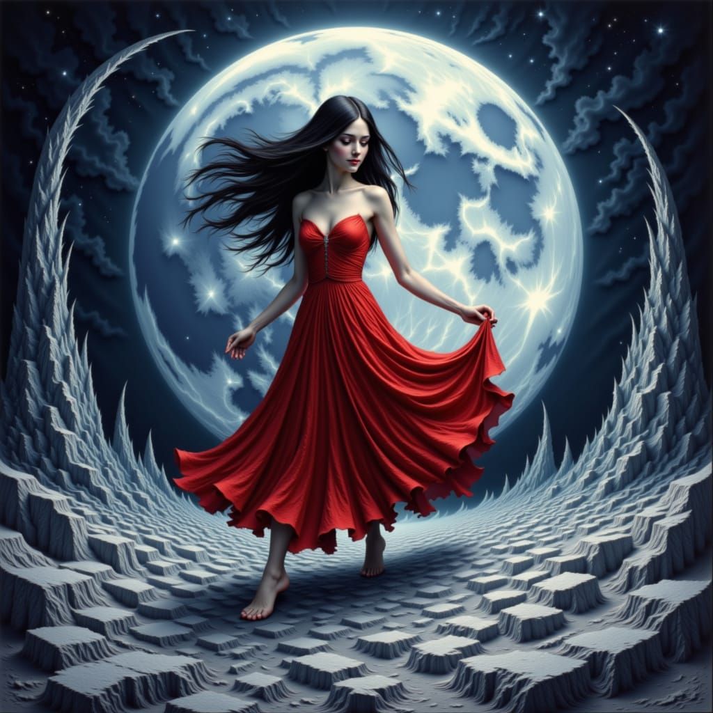 Surreal Maiden Dancing on Moon in Escher Style