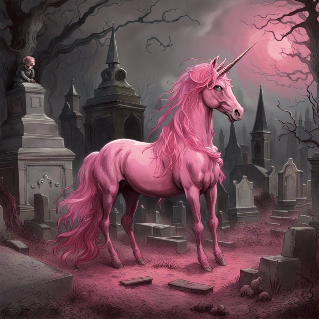 Undead Pink Unicorn in Cemetery: Horror Illustration