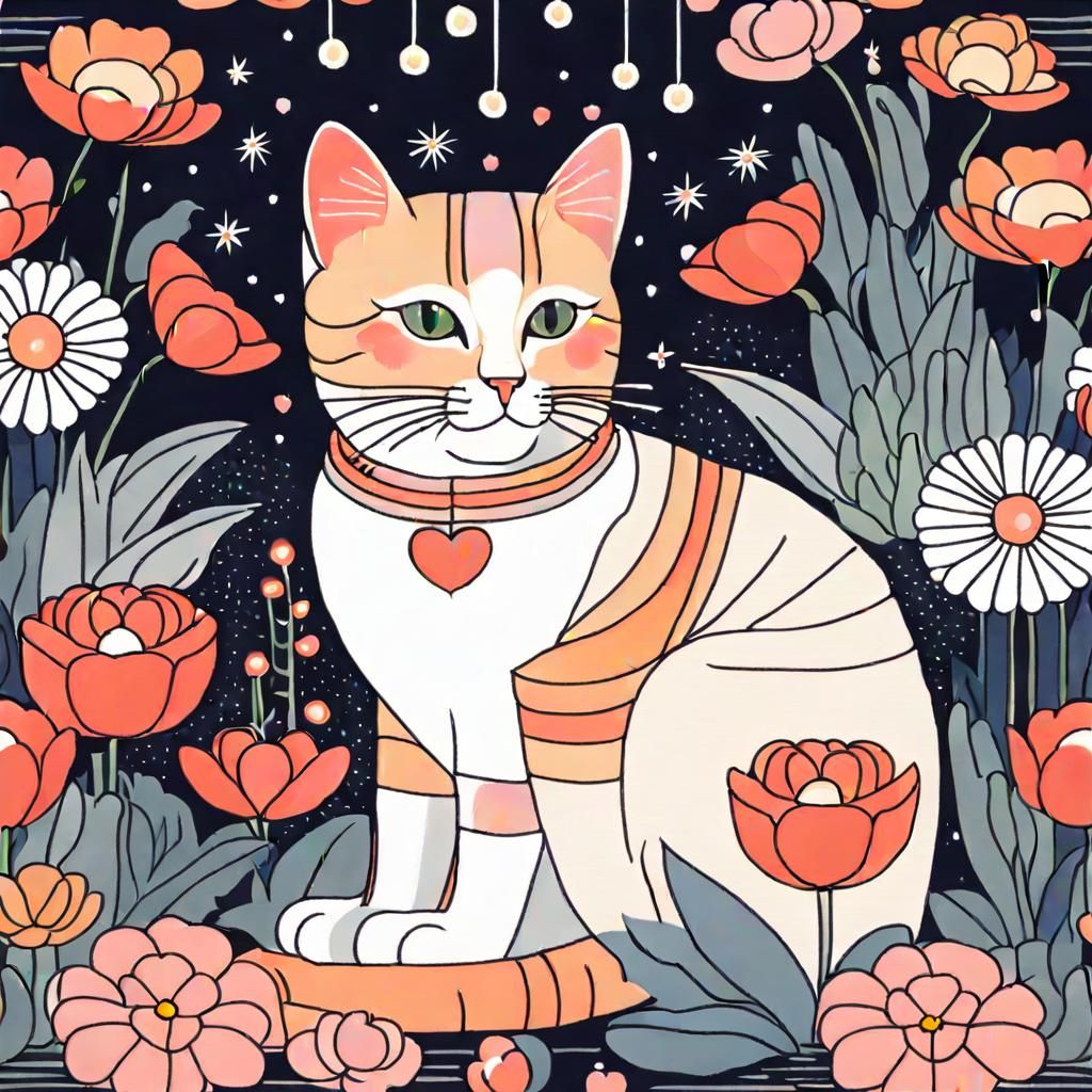 Cat Amidst Flowers: A Frank Lloyd Wright Scene