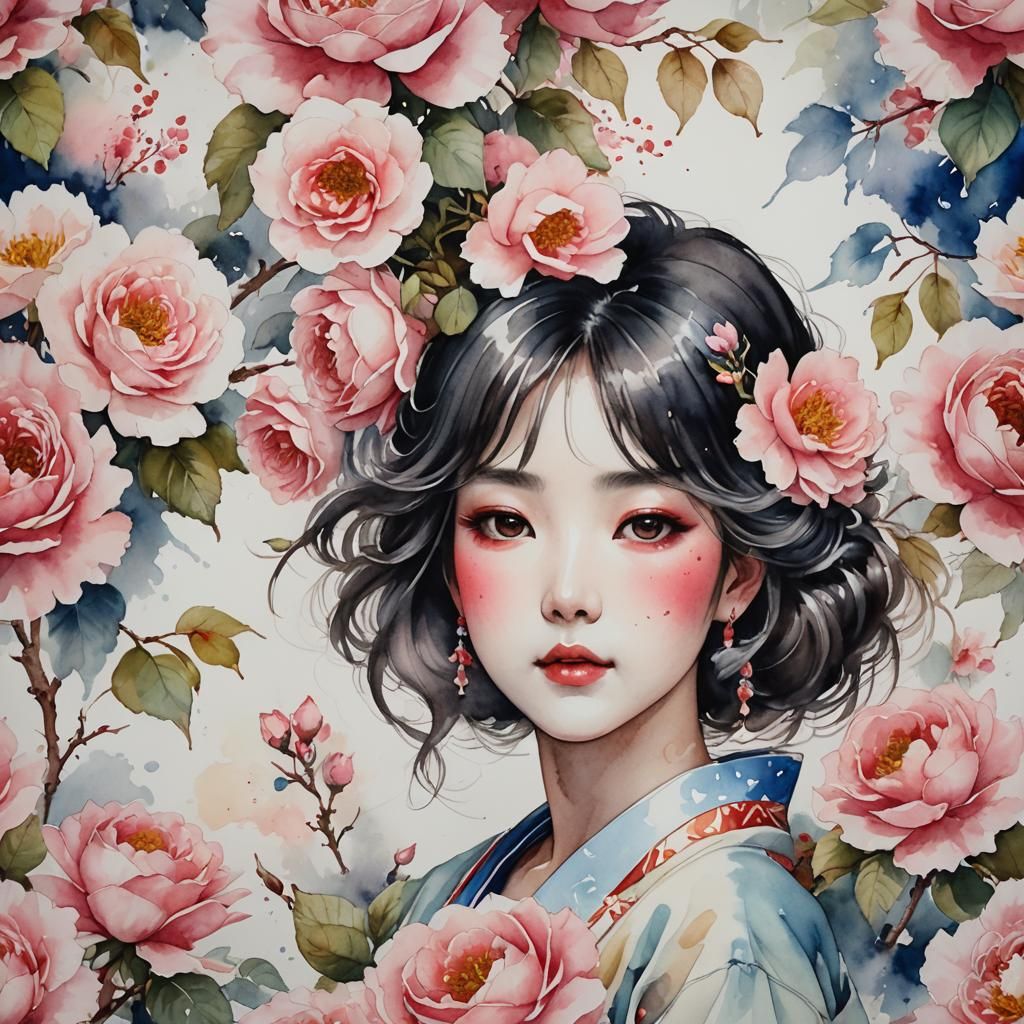 Anime Woman Portrait in Watercolor Style