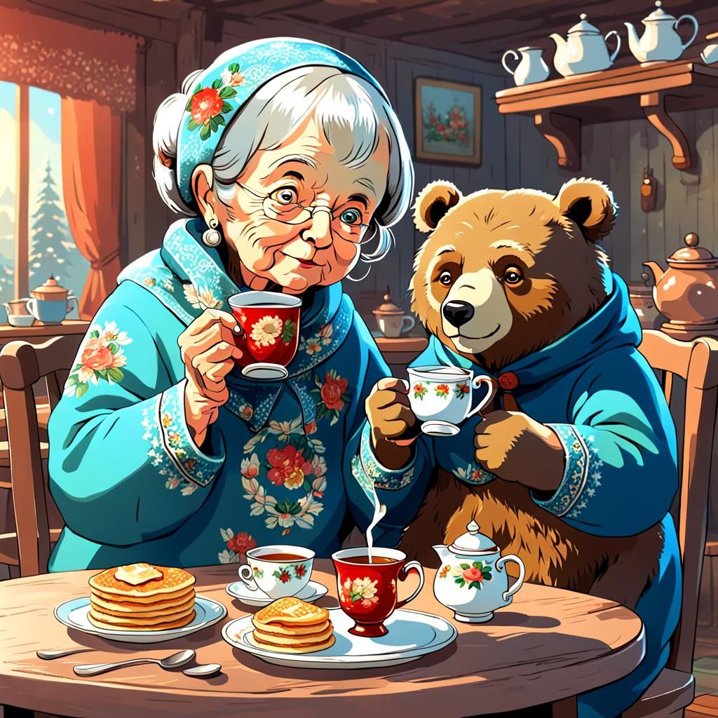 Granny and Bear: A Cartoon Anime Tea Party