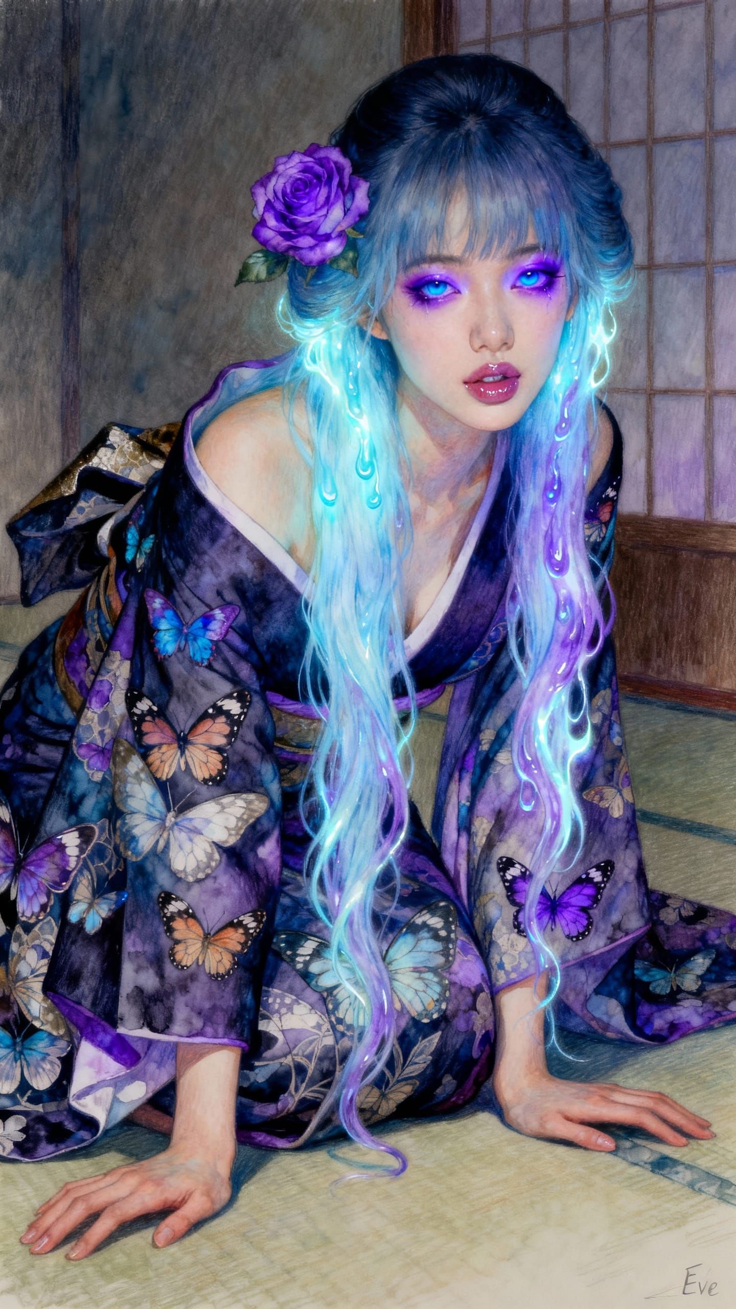 Geisha with Luminescent Hair in Butterfly Kimono