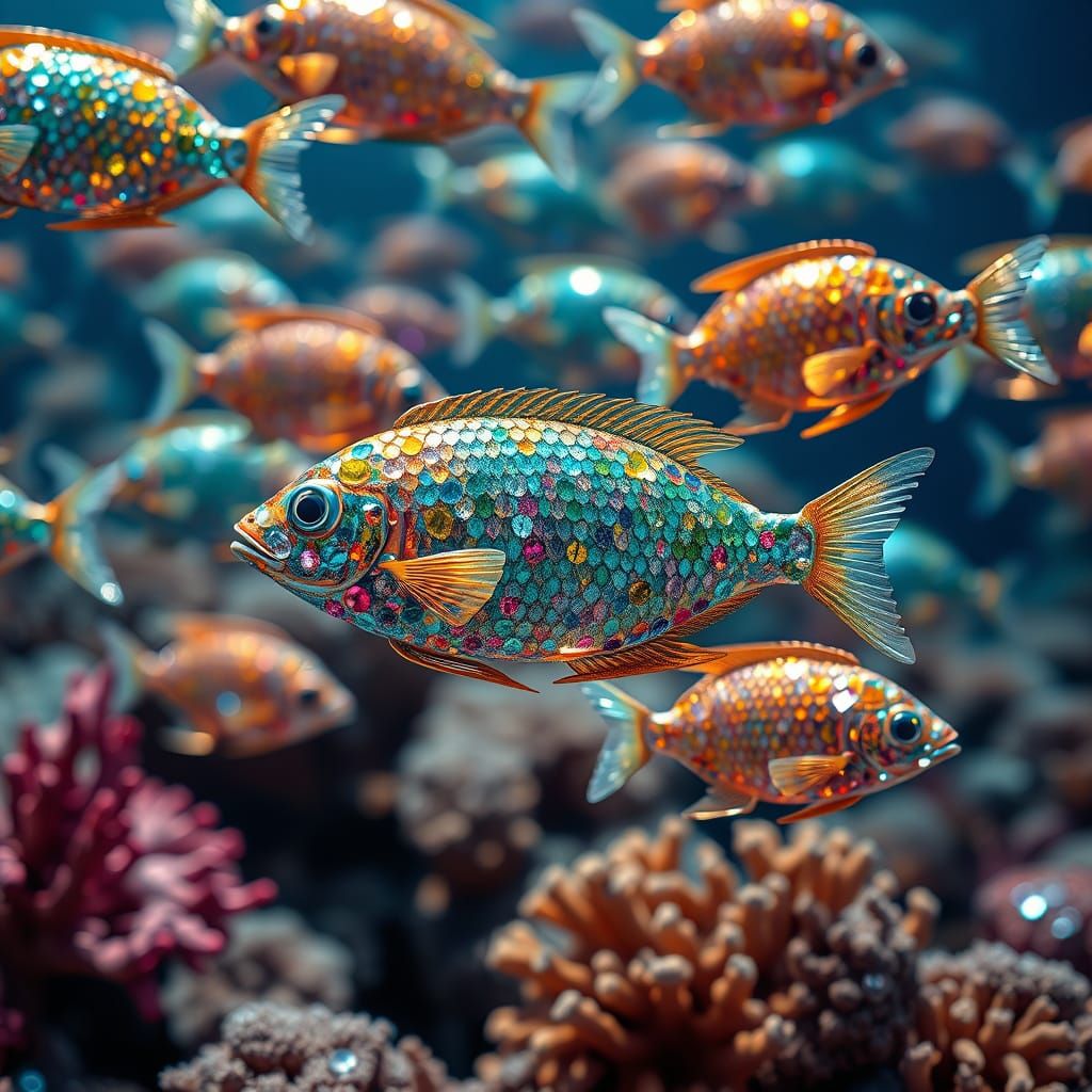 Gemstone Fish in Coral Reef, Hyperrealistic Style