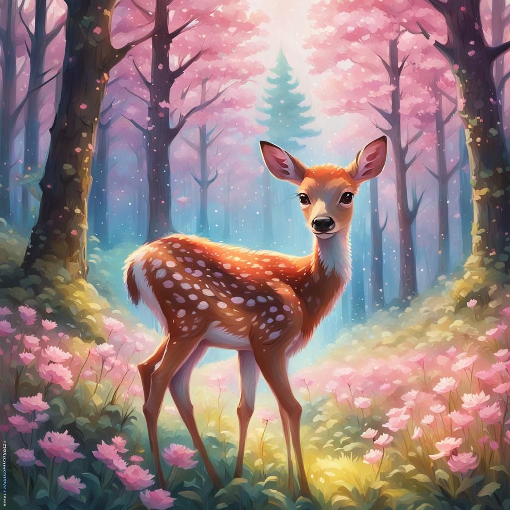 Whimsical Spring Forest Scene in Oil-Inspired Digital Art