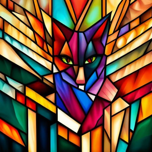 Stained Glass Window with Geometric Shapes in Cubist Style