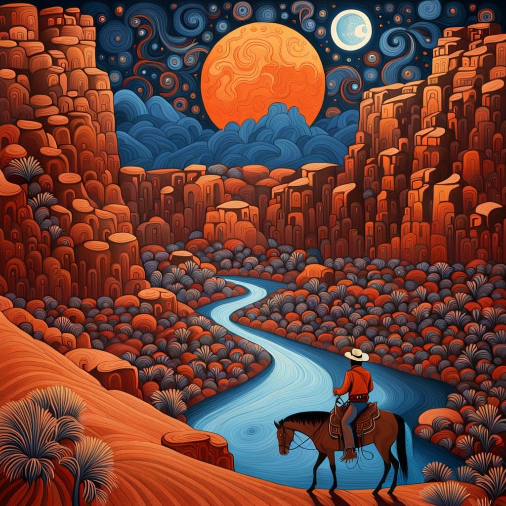 Abstract Cowboy on Cliff Overlooking Redrock Canyon at Night