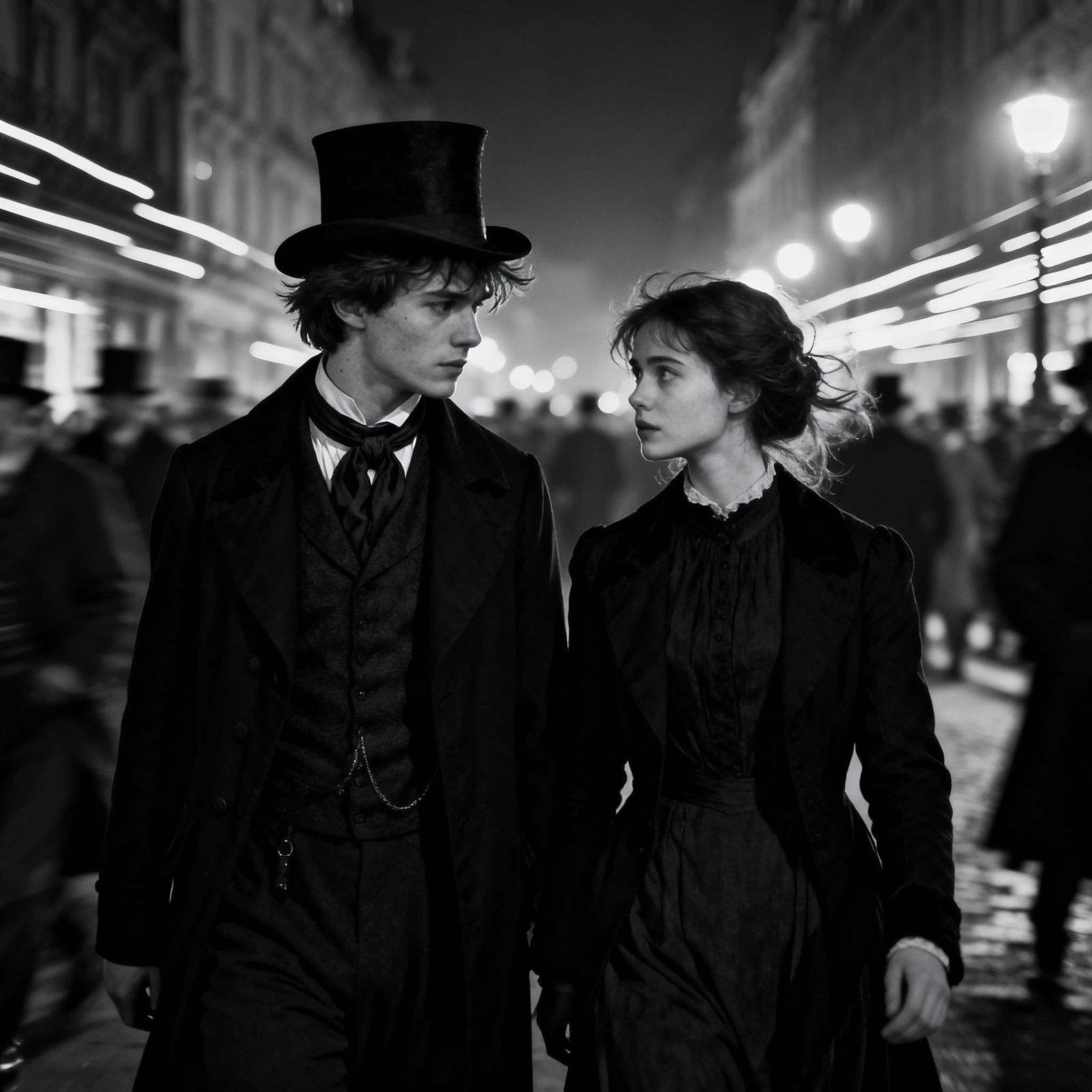 1880s Couple's Intense Night Stroll in Moody Cityscape