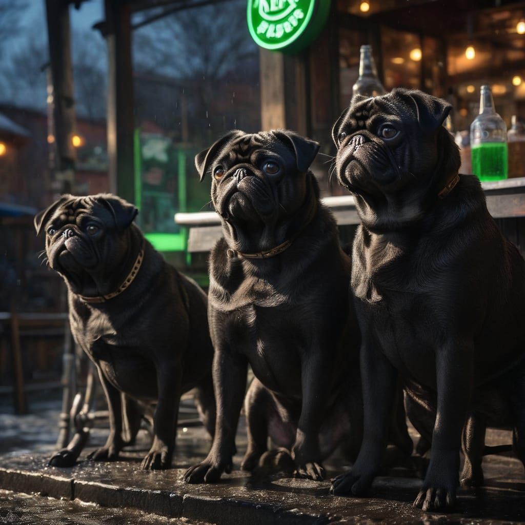 Three Black Pugs Enjoy a Night Out in a Dimly Lit Biker Bar