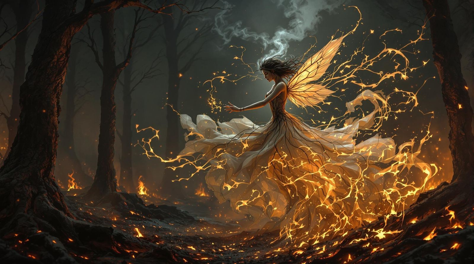 envision a fairy with an ash gown, formed from the swirling ...