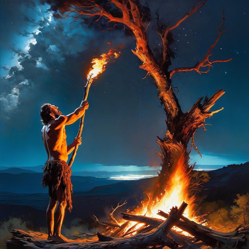 Prehistoric Man Discovers Fire, Oil Painting