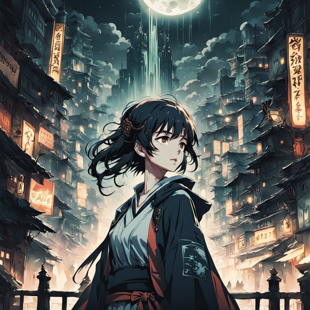 Glowing Cityscape at Night in Noir Anime Style