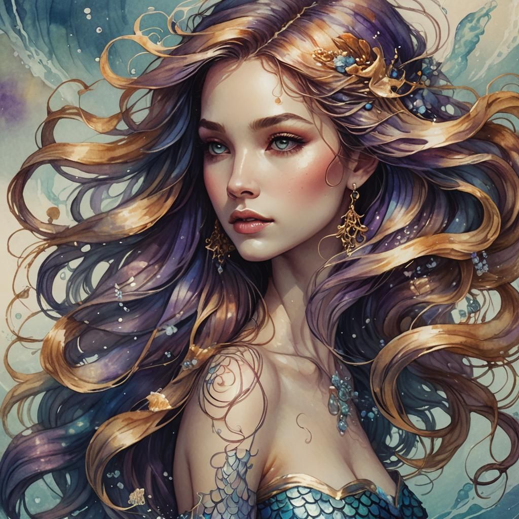 Mermaid Portrait in Arthur Rackham Watercolor Style