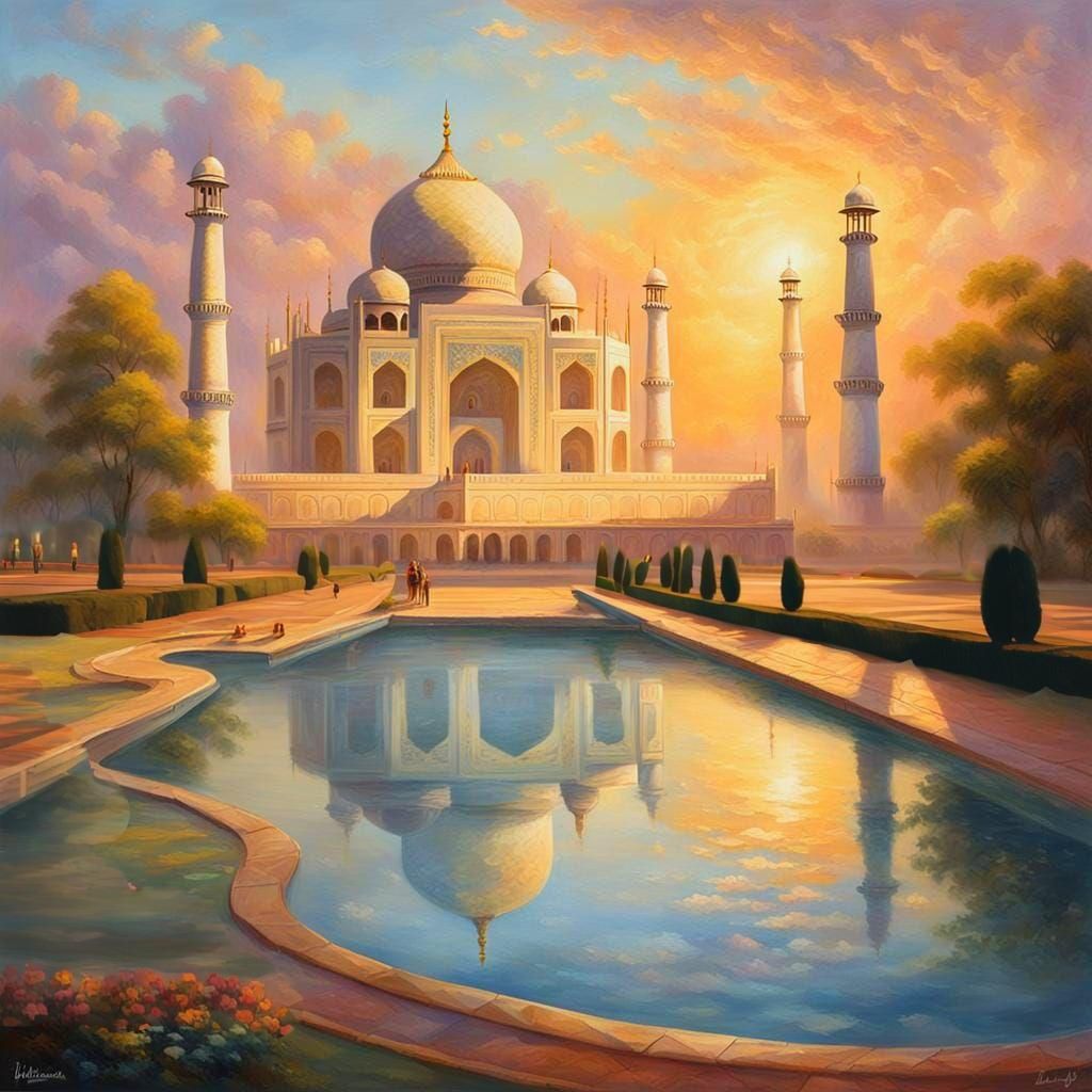 Taj Mahal Sunrise with Pool, Ethereal Fantasy Art