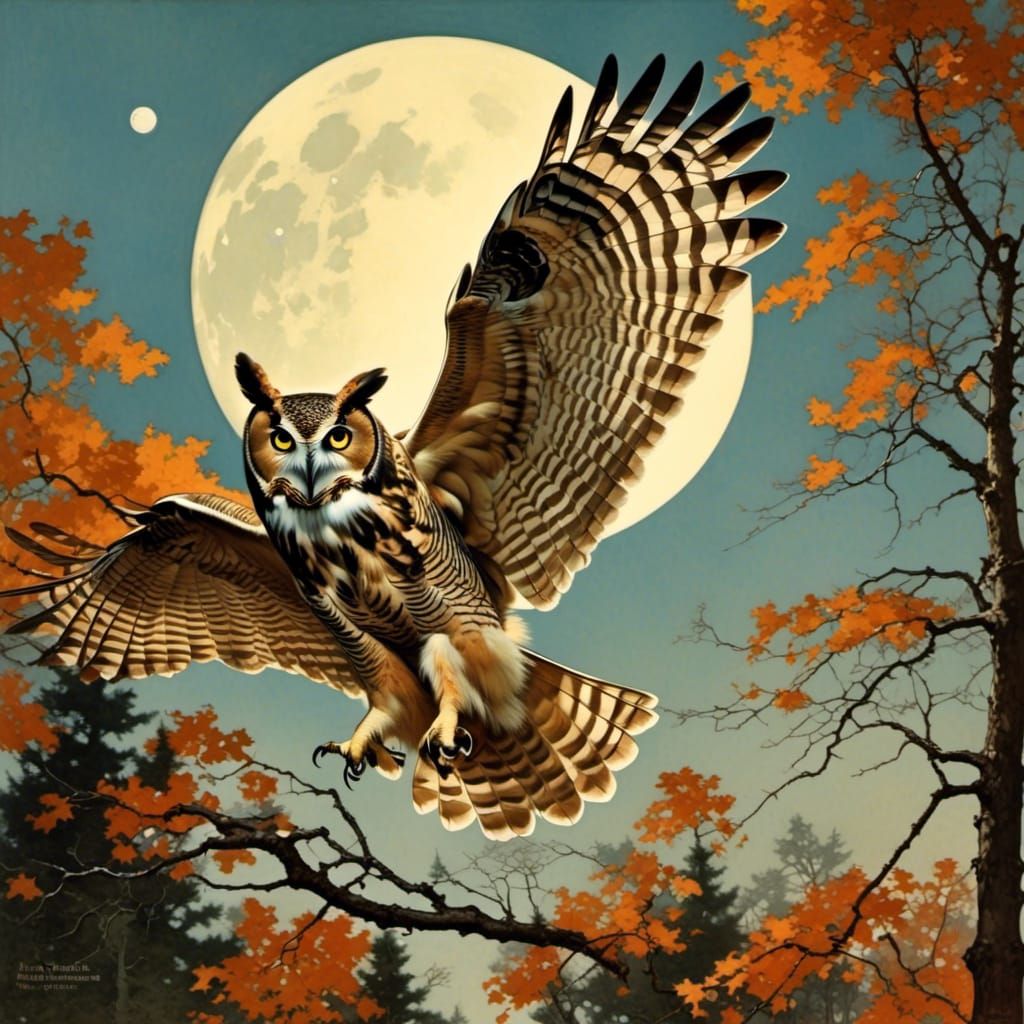 Owl in Flight Under Moonlight, Americana Style