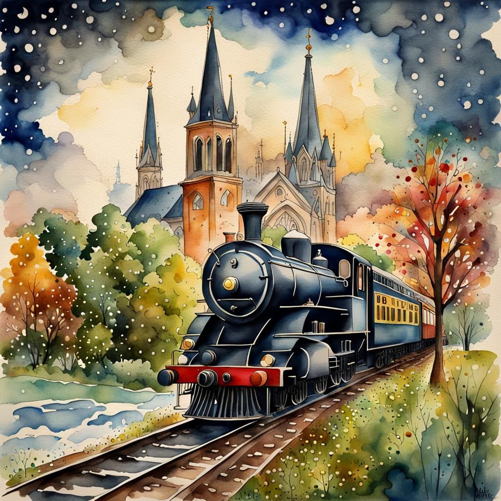 Rainy Morning Storybook Scene in Watercolor and Ink