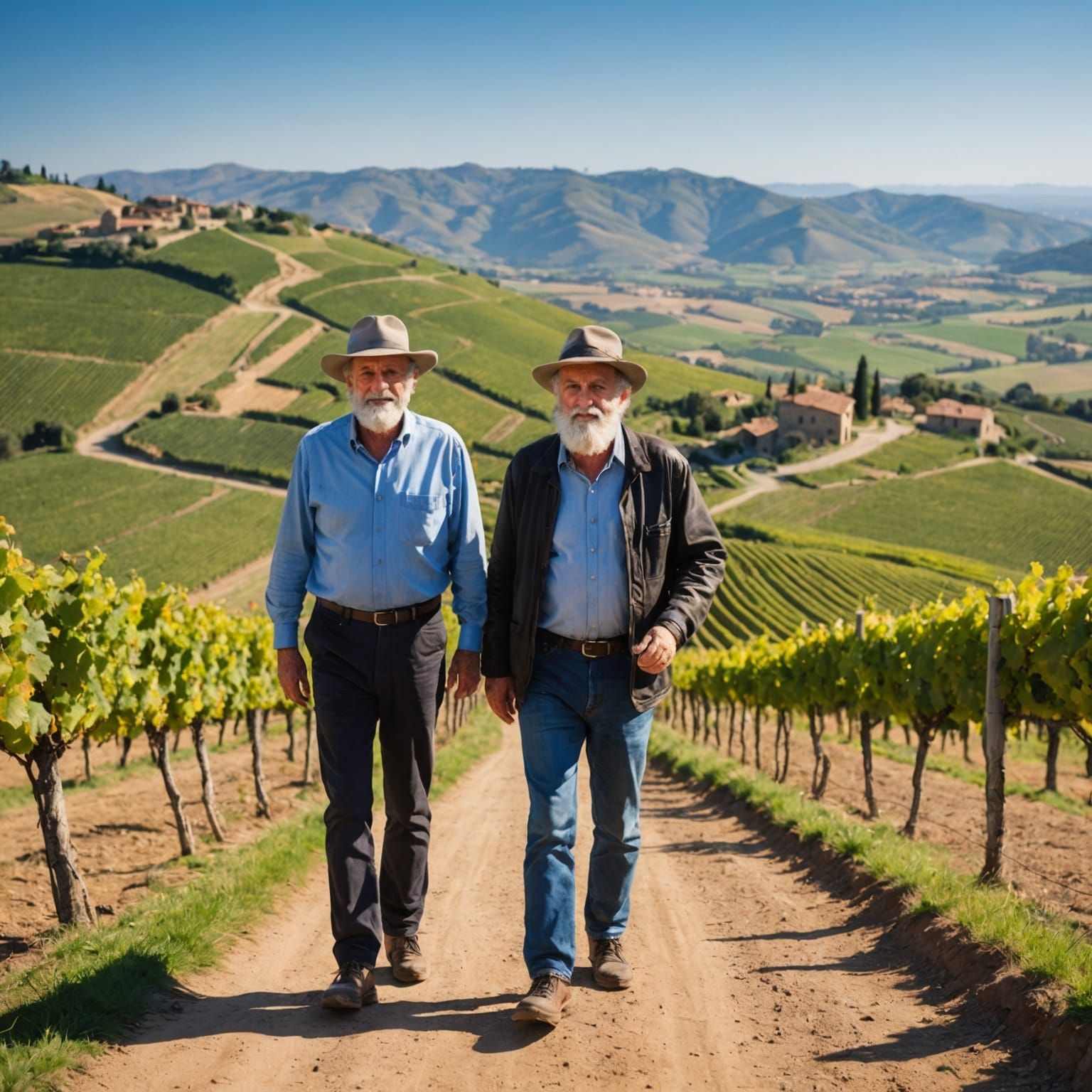 Italian Man and Boy Walk Through Vineyards