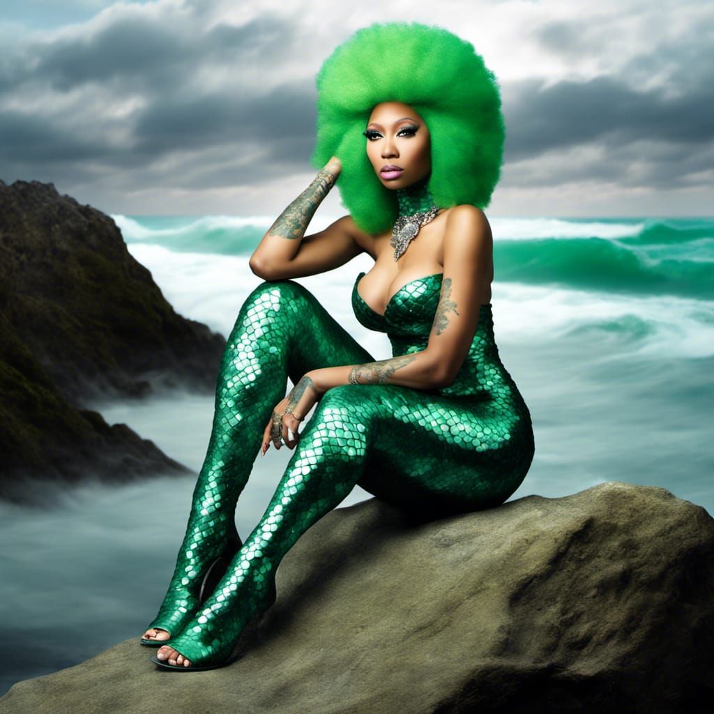 Photo-Realistic Mermaid with Green Hair on Rock