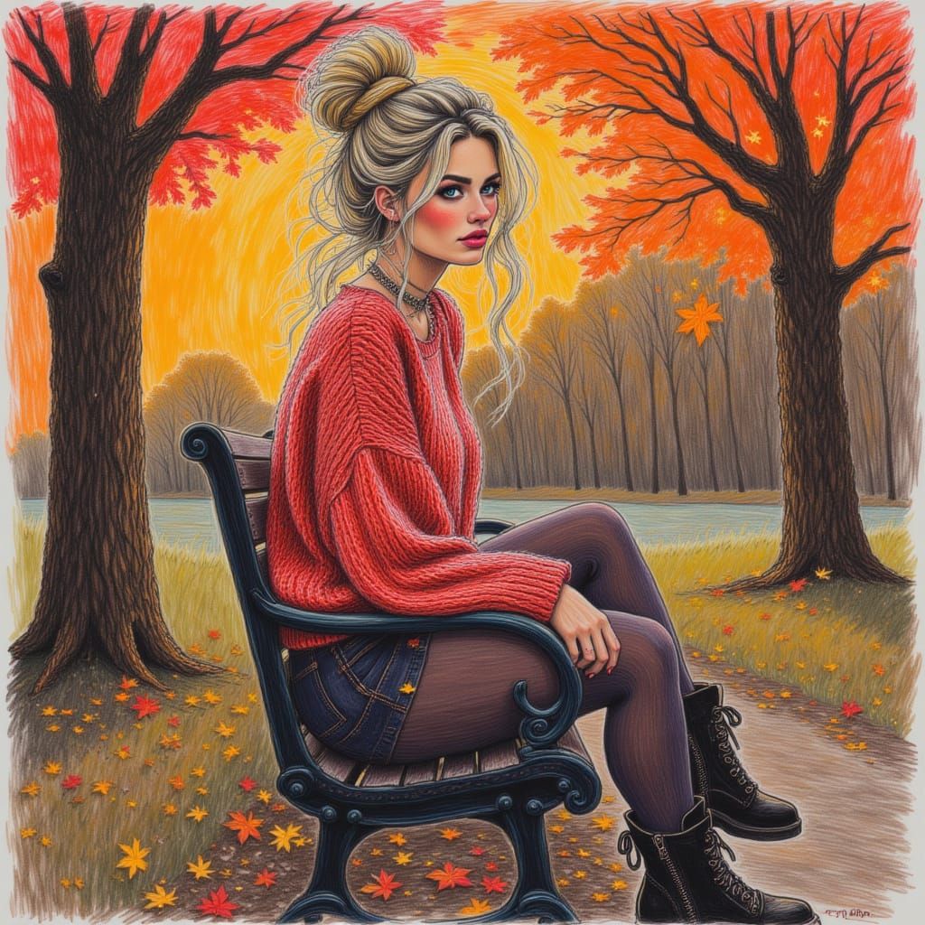 Woman on Park Bench in Autumn Evening