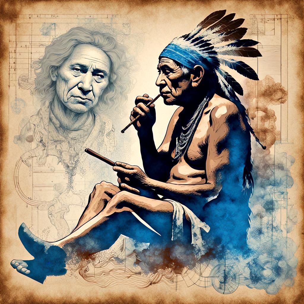 Native American Man Smoking Pipe in Steampunk Lithograph
