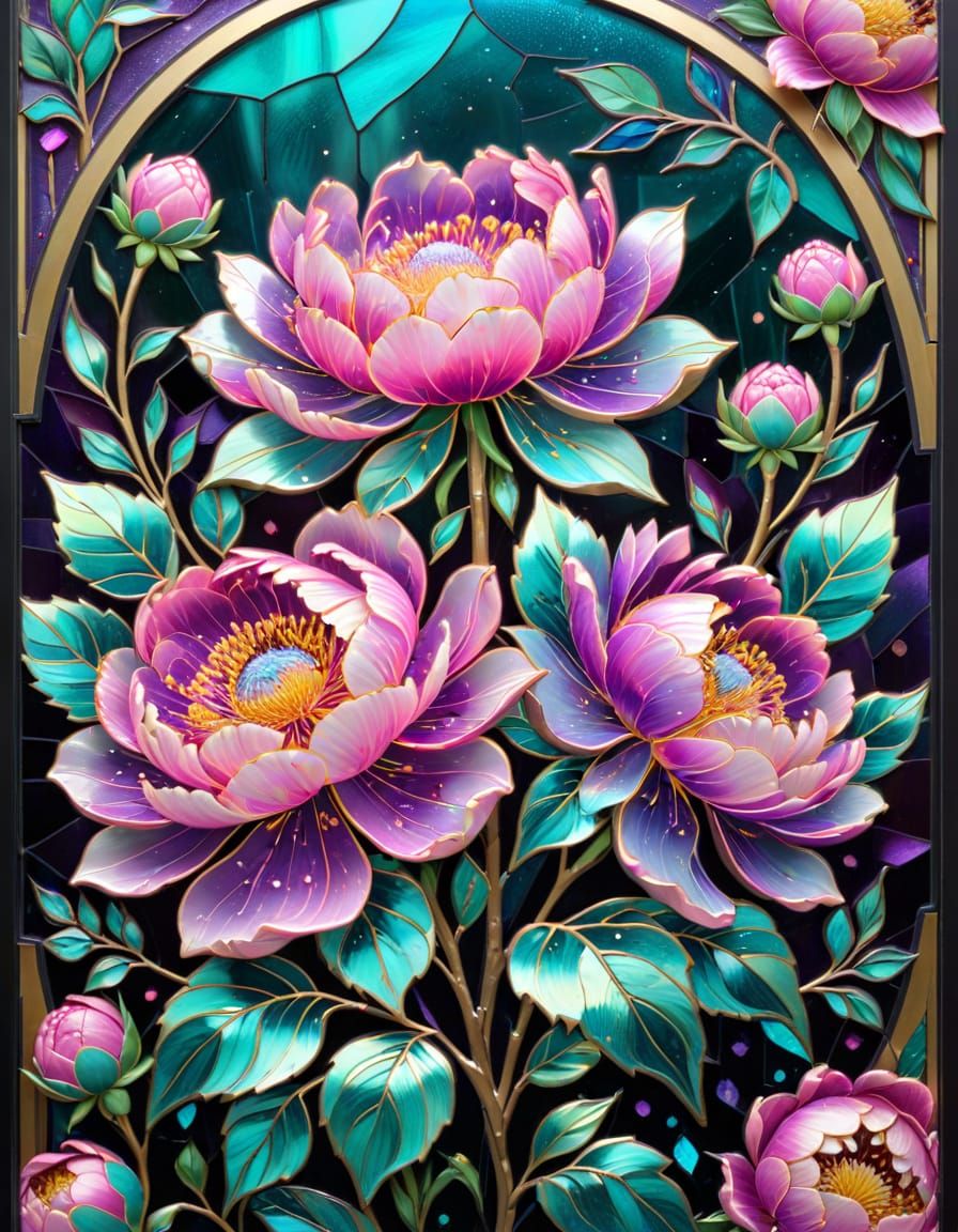Folk Art Peonies with Iridescent Glow