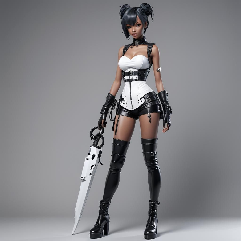 Ebony Punk in Latex Corset: 3D Anime Art