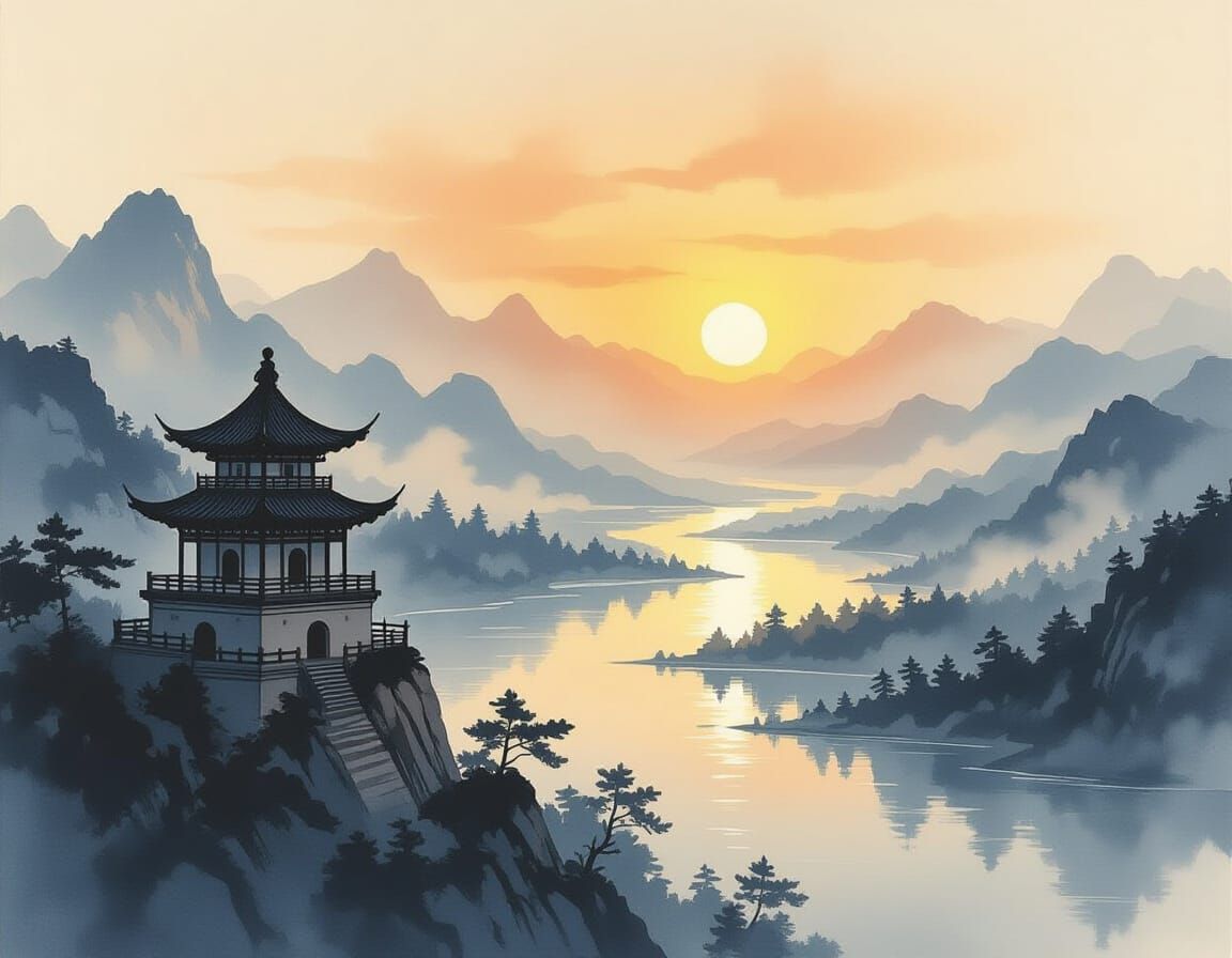 Ancient Chinese Ink Painting of Sunset Over Mountains