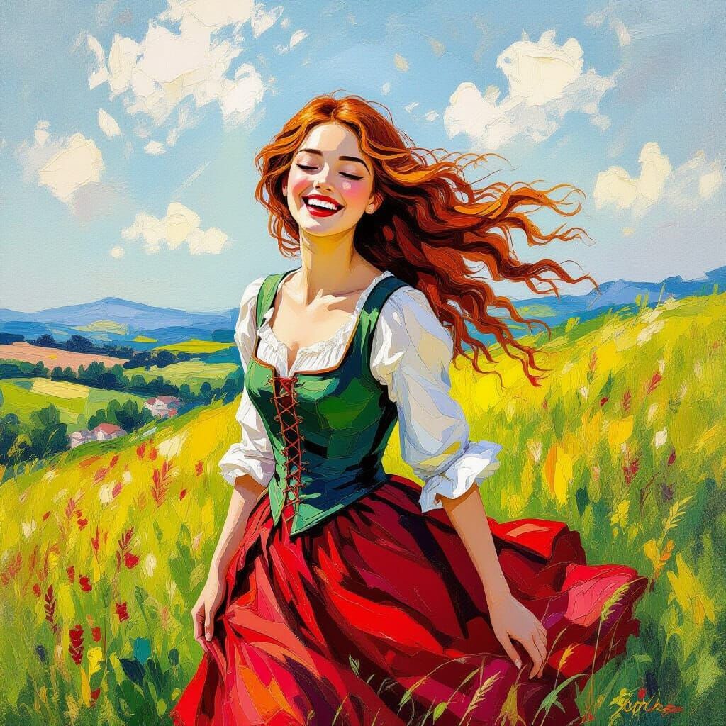 Joyful Medieval Woman Laughing in Spring Field
