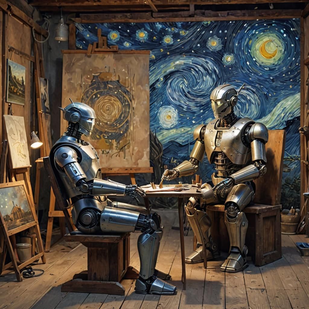 Cyborg Painting Starry Night: Post-Impressionist Cinematic S...