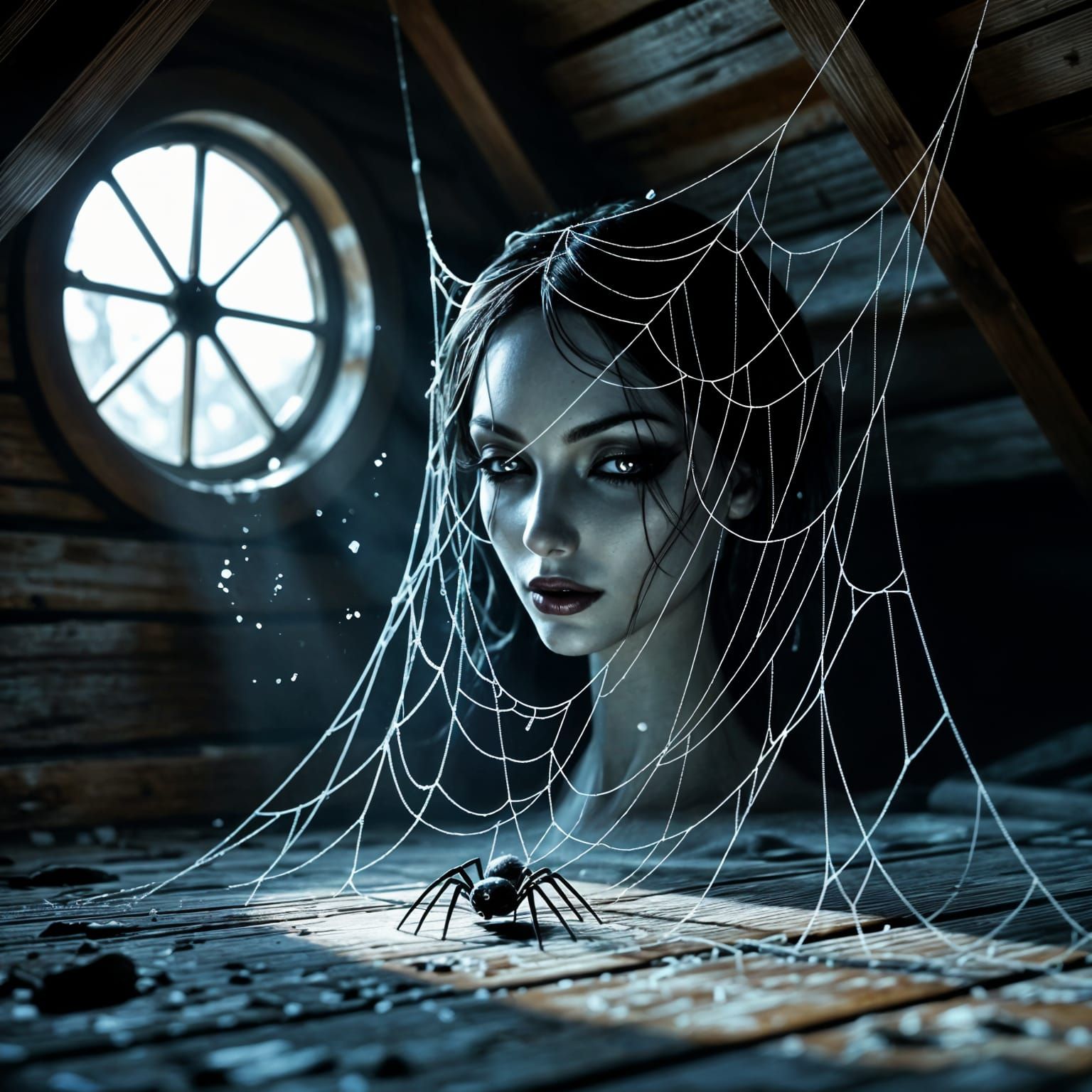 Ghostly Spiderweb Portrait in Moonlit Attic