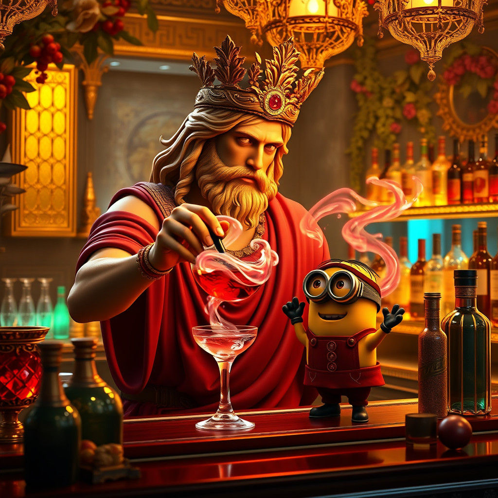 Dionysus Bartender with Minion in Hyper-Realistic Style