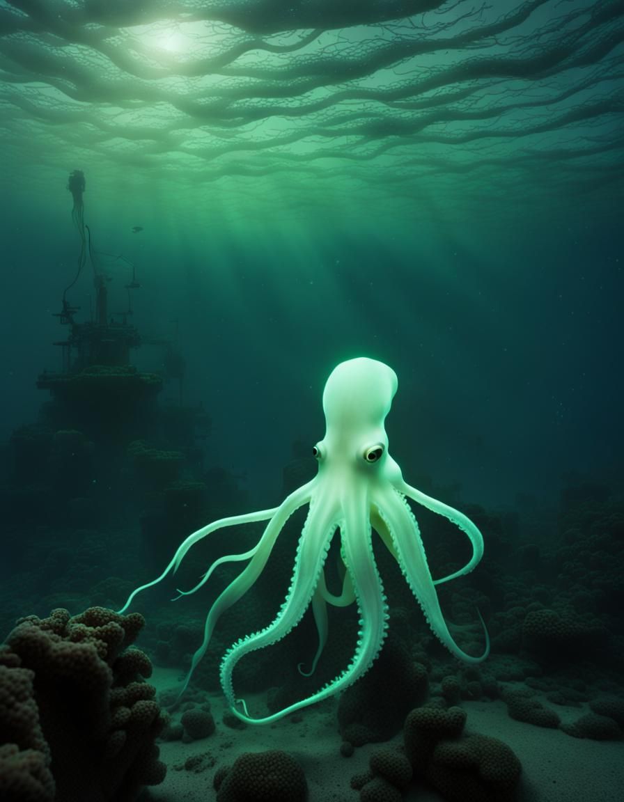 Bioluminescent Squid Shines Near Sunken Ship