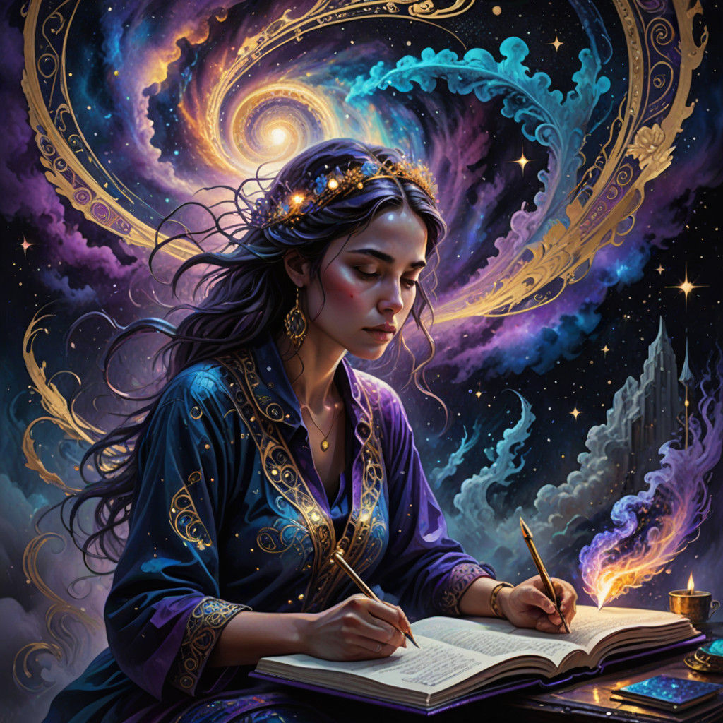 Mystical Scribe in Cosmic Dreamscape