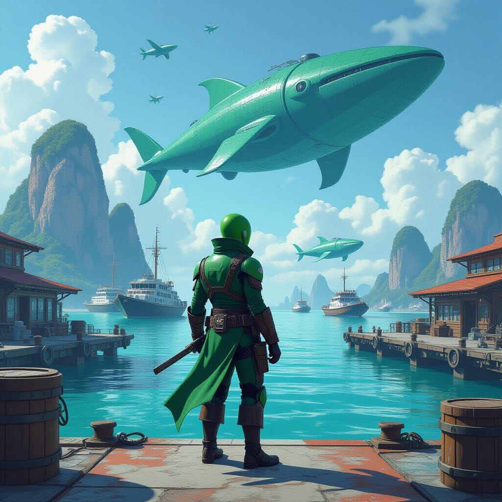 Green-Skinned Pirate on Dock in Retro-Futuristic Sci-Fi