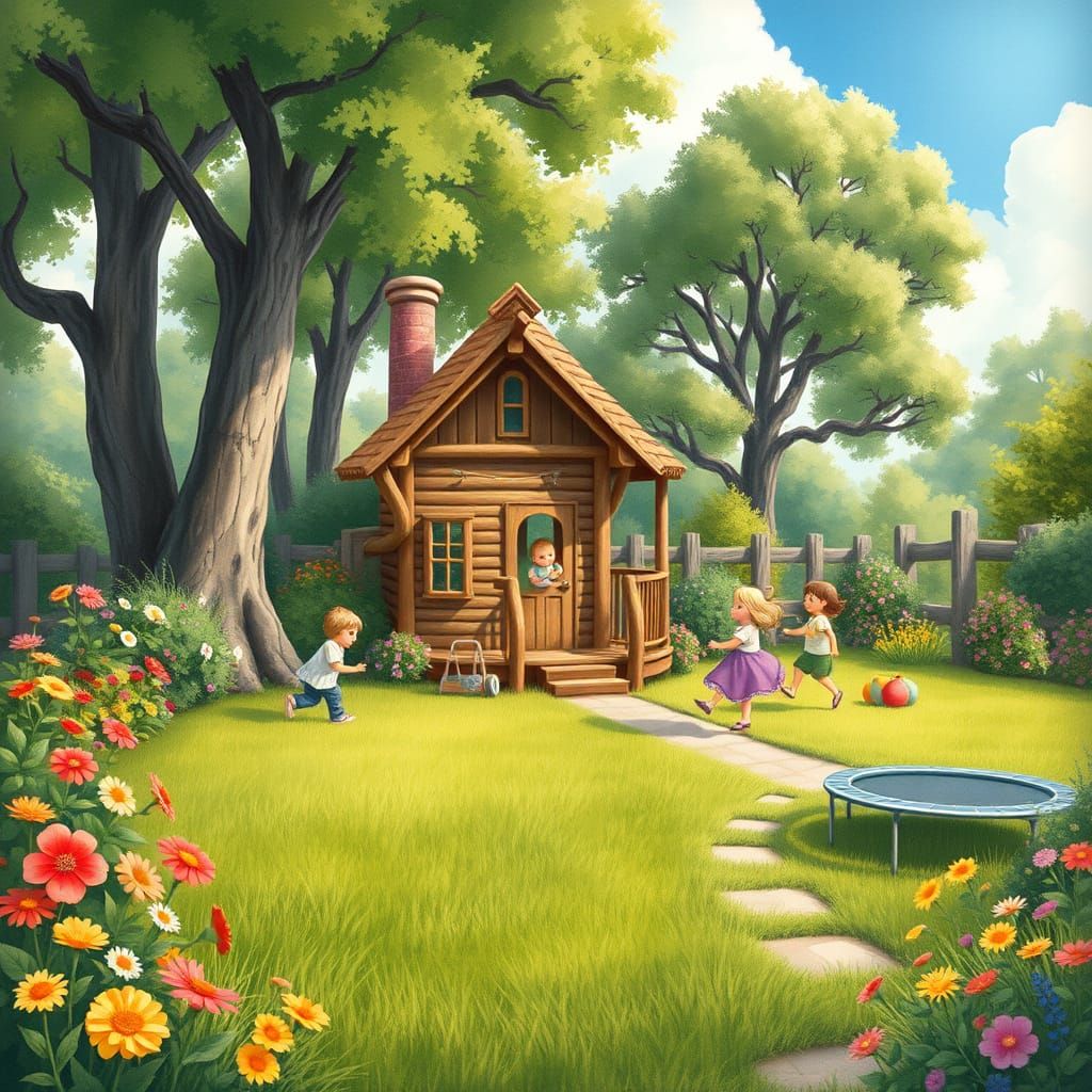 Idyllic Childhood Haven in Whimsical Watercolor Style